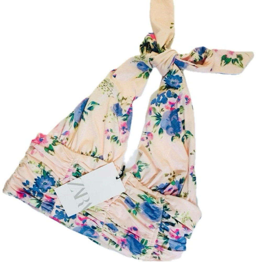 Zara Cream Floral Halter Camisole with Blue & Green Flowers